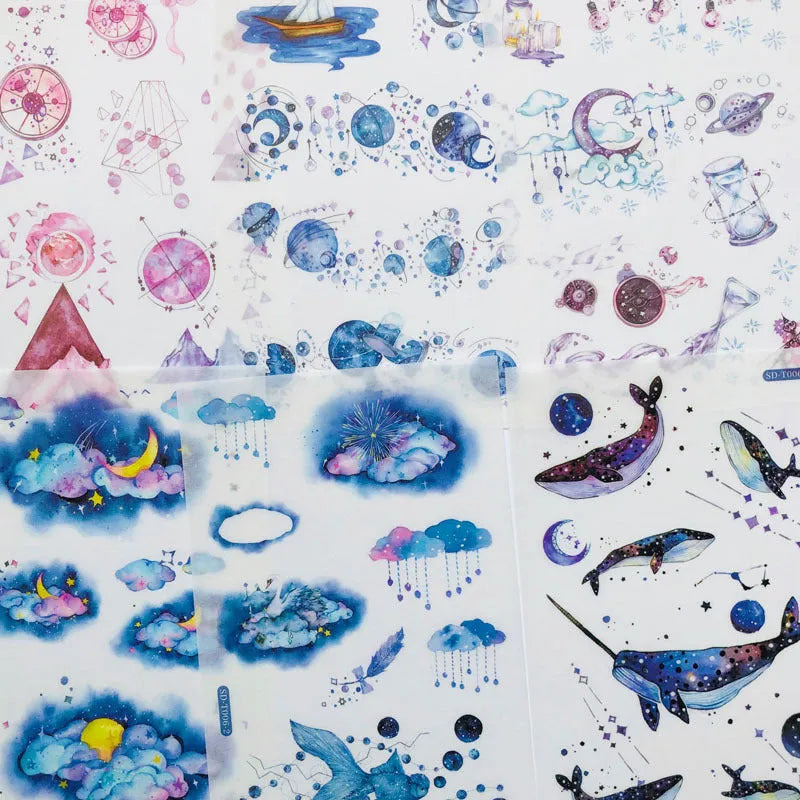 Hand account sticker set with fantasy stars design on Japanese paper, measuring 10.5 by 14.1 cm