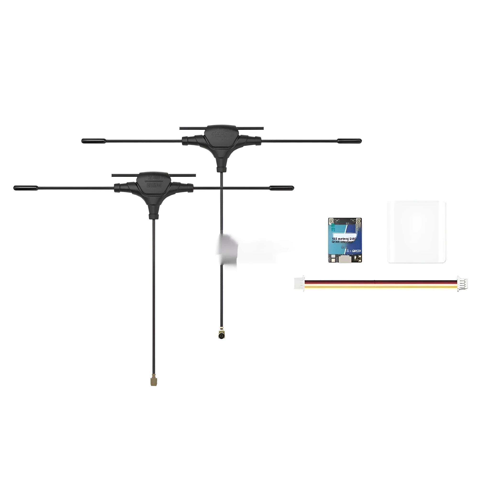 ELRS dual-frequency FPV drone receiver module with metal housing and T-shaped antennas