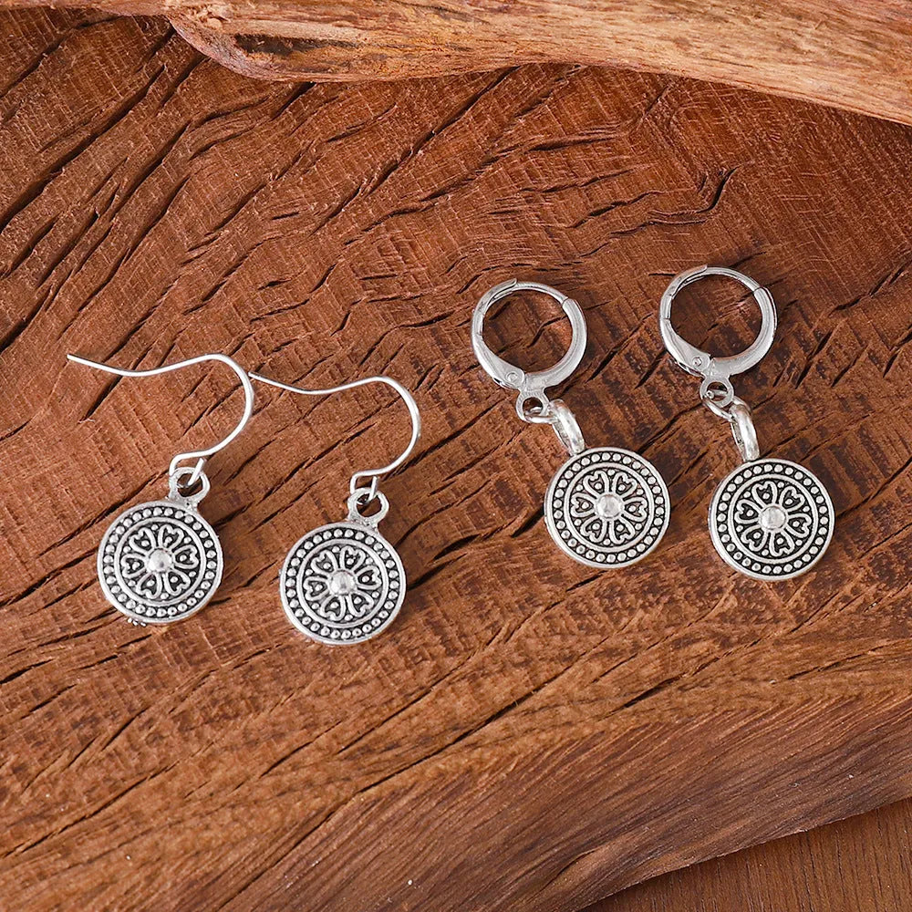 Bohemian style retro round print distressed ethnic earrings with geometric shapes in zinc alloy