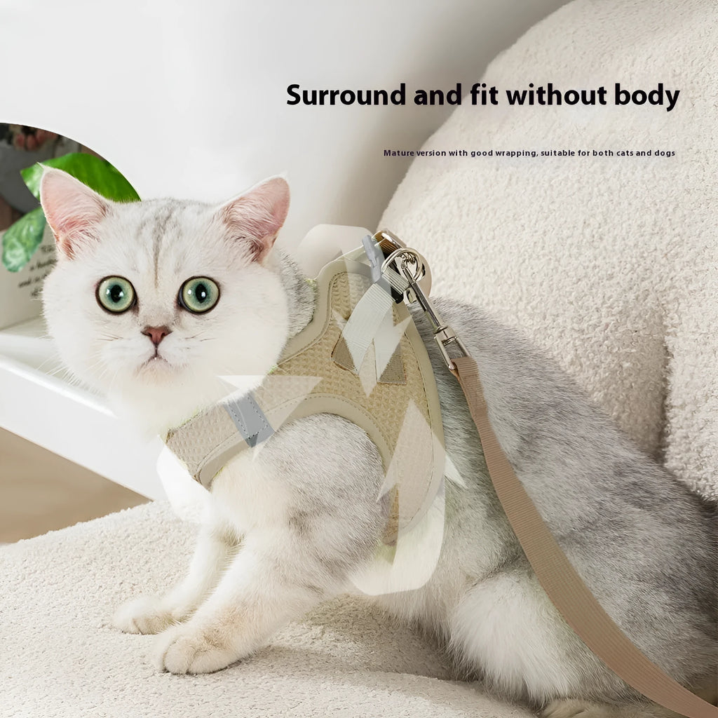 Brown waffle cloth cat harness chest strap showing adjustable sizing and hand holding rope attachment