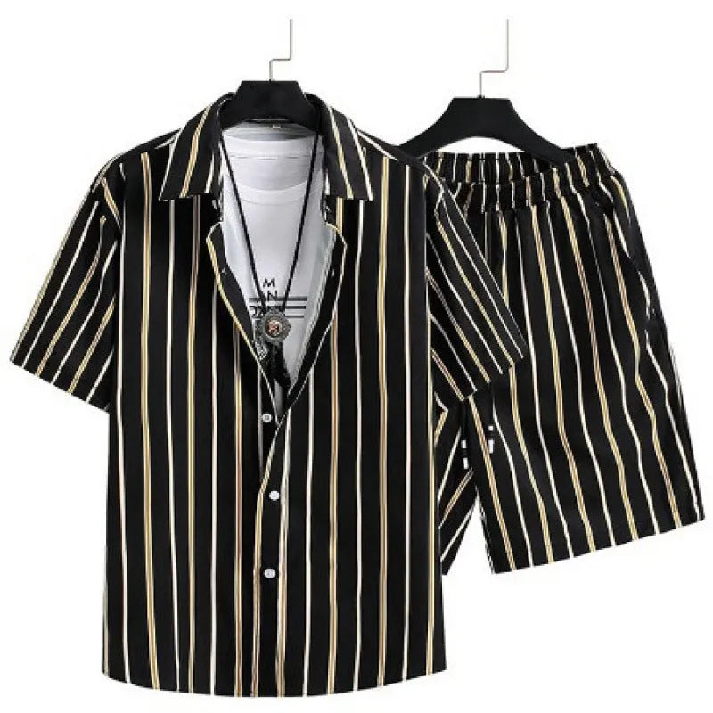 Men's short sleeve cardigan and shorts casual suit set with digital print design in blue.