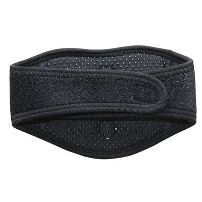 Black self-heating magnetic therapy neck guard with adjustable strap laid flat.
