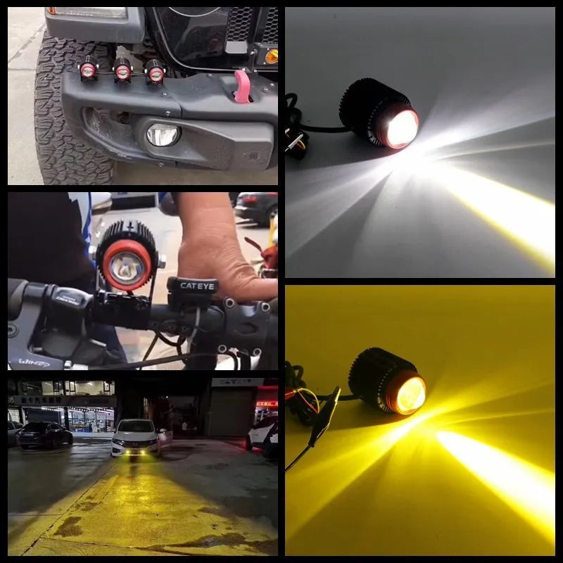 Small steel cannon LED spotlight red housing 30W dual colour yellow white beam motorcycle car SUV lens light