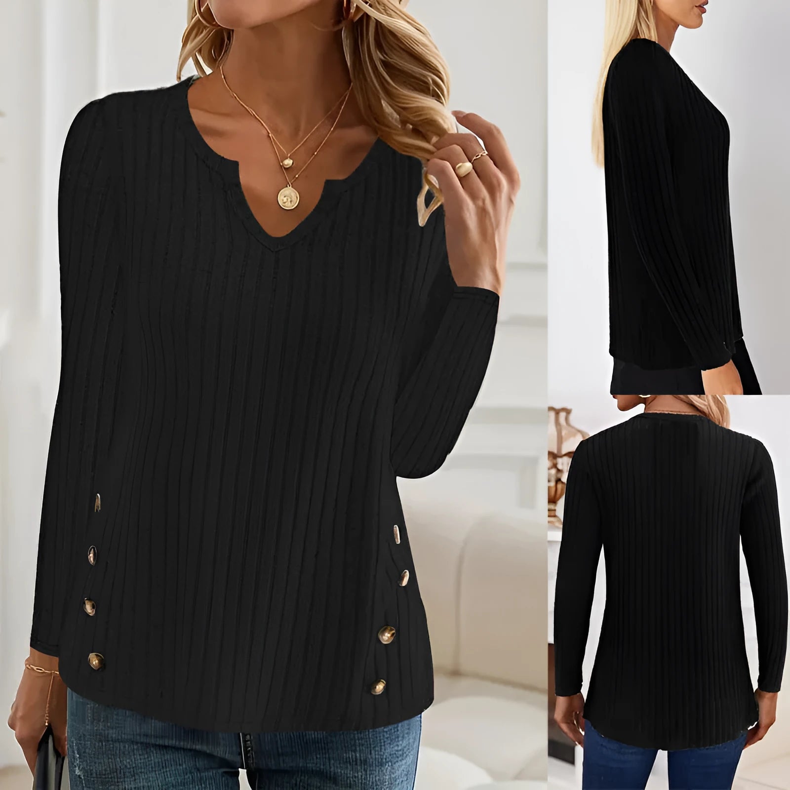 Casual knitted button sweater in solid black or grey green colour with Japanese Korean styling