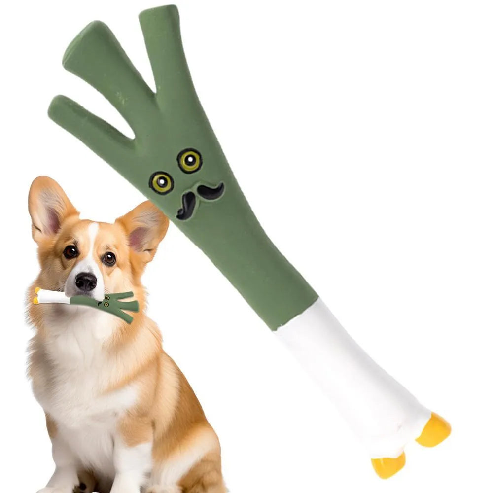 Latex vegetable dog chew toy in green, orange and purple cartoon designs for dental hygiene