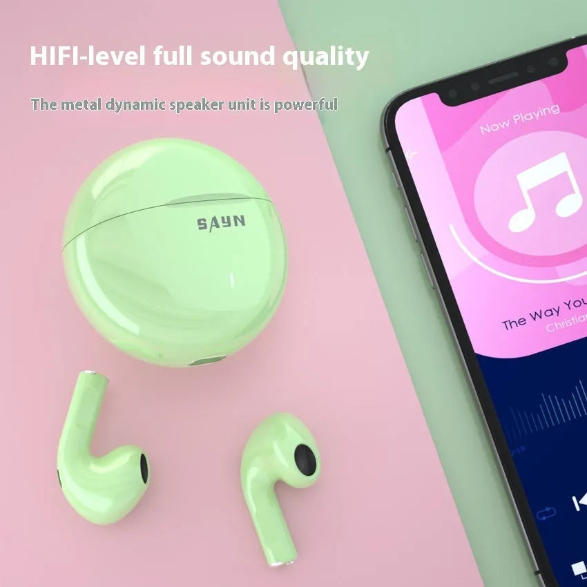 Wireless Bluetooth 5.0 stereo gaming headset in black, green, pink or white, plastic earplug design, 10 metre range