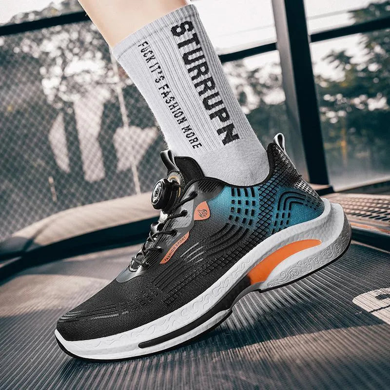Men's low-top sneaker with a rotating buckle closure and breathable mesh lining on a rubber sole.