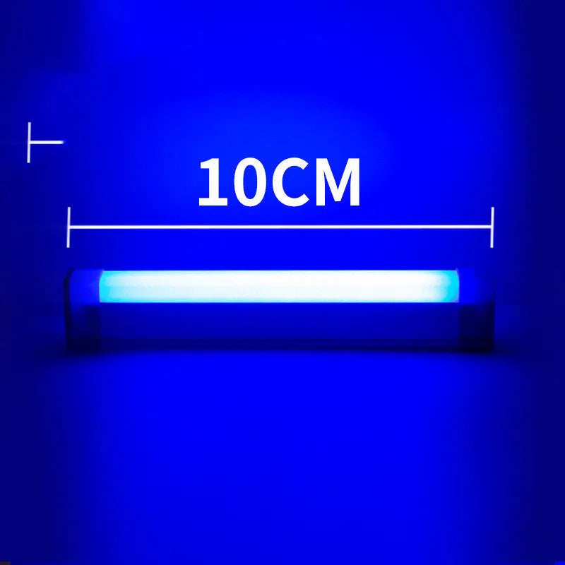 Blue and purple rechargeable LED tube light sticks in 17cm and 32cm sizes on a dark surface.