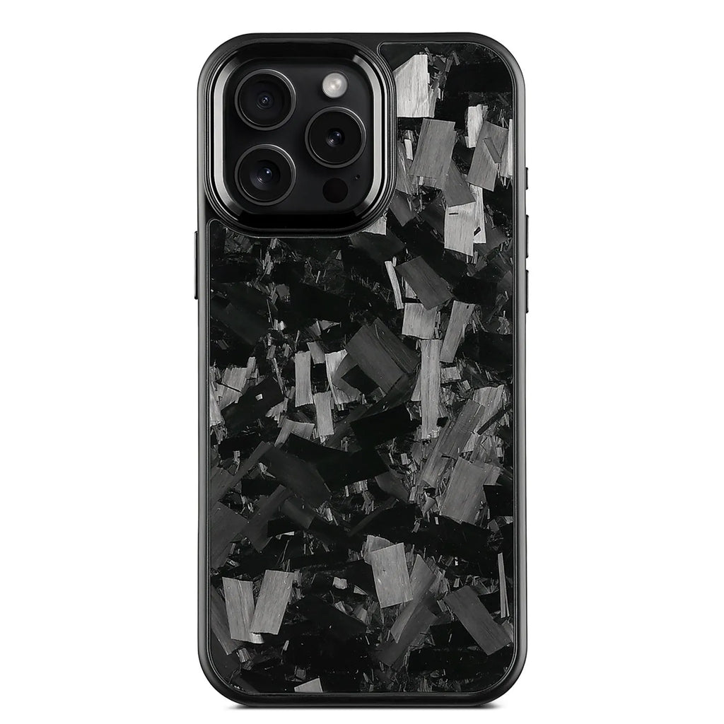 Black carbon fibre iPhone case with metal frame showing magnetic ring and precise camera cutouts
