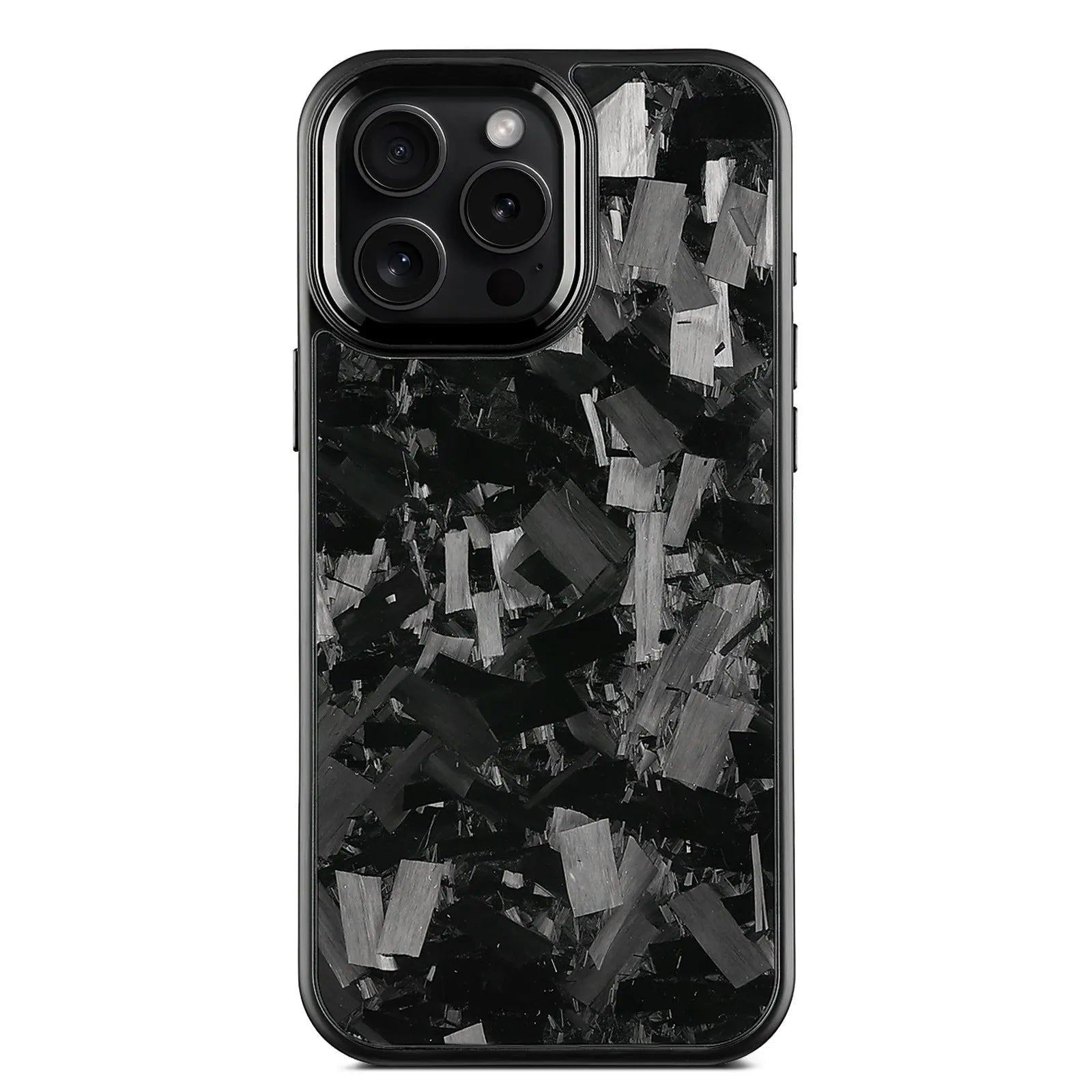 Black carbon fibre iPhone case with metal frame showing magnetic ring and precise camera cutouts