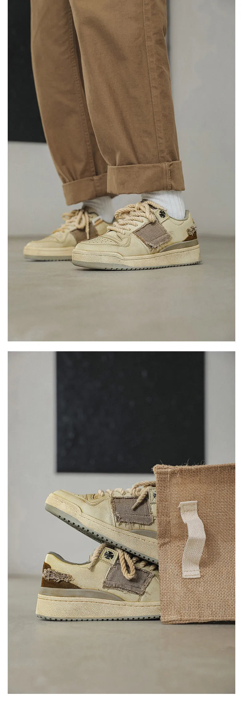 Beige low-top skateboard shoes with vintage patch detail and round toe on a rubber sole.