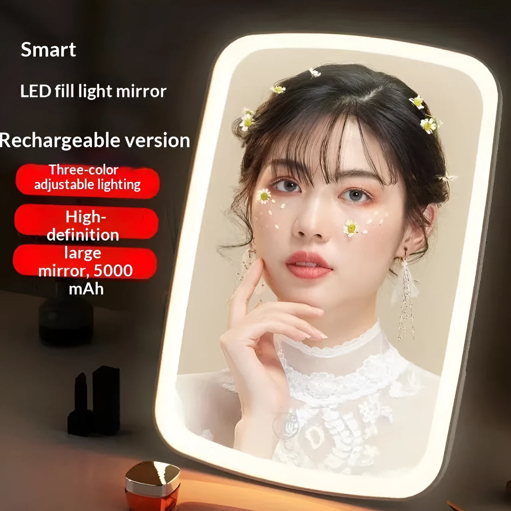 Simple desktop home LED makeup mirror with USB charging and ABS frame on a tabletop
