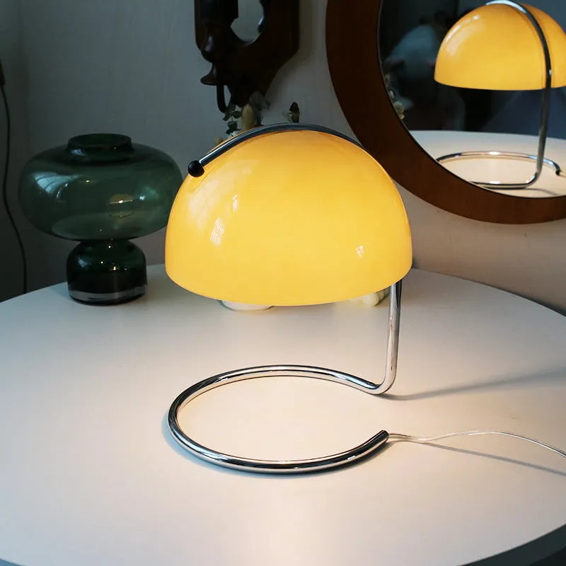 Bedroom bedside atmosphere lamp with metal holder and tan cloth shade