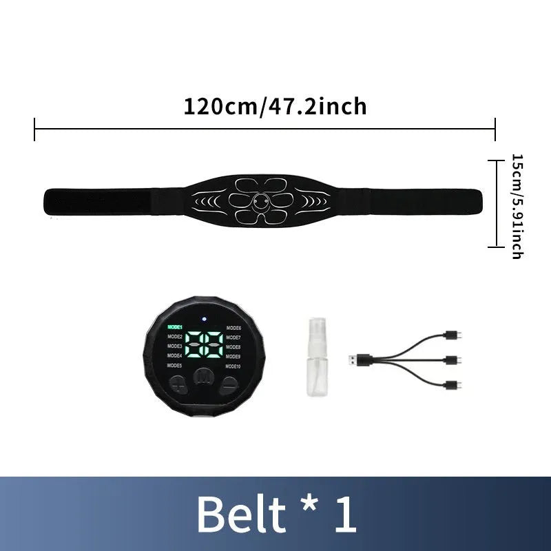 Silicone EMS belly shaping belt with muscle stimulator and hand and foot straps on a flat surface