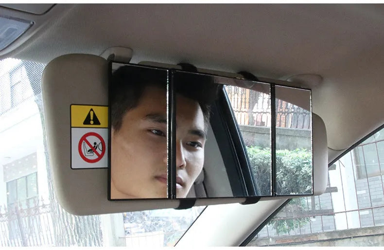 Silver folding car visor mirror shown opened to 30.5cm wide with ABS plastic frame