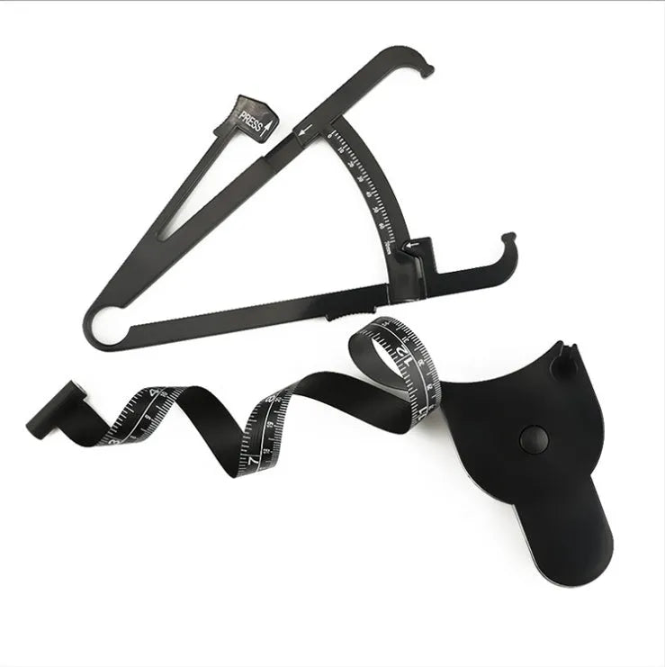 Black ABS plastic body fat caliper skinfold tester with measuring tape on a grey background.