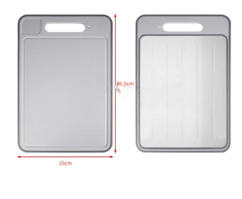 Grey square aluminium double-side cutting board with defrosting function and knife sharpener