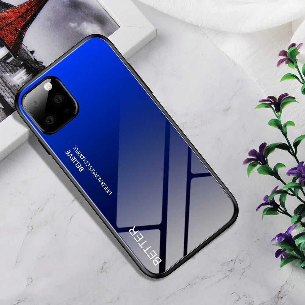 Customised gradient glass phone case for iPhone in BlackBlue, showing TPU frame and glass back