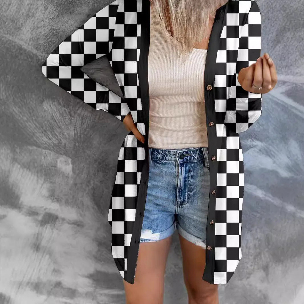 Women's long loose fit plaid cardigan coat in polyester, shown in available colours