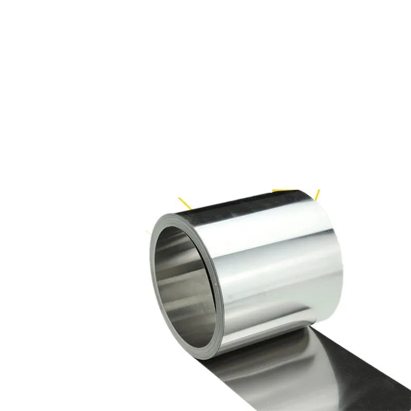Roll of 304 stainless steel shim strip with various thickness and width options for mechanical adjustments.