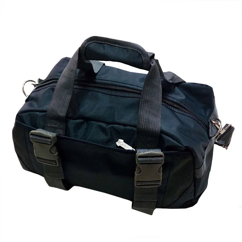Nylon yoga and gym bag in black, shown in medium and large sizes for fitness equipment.