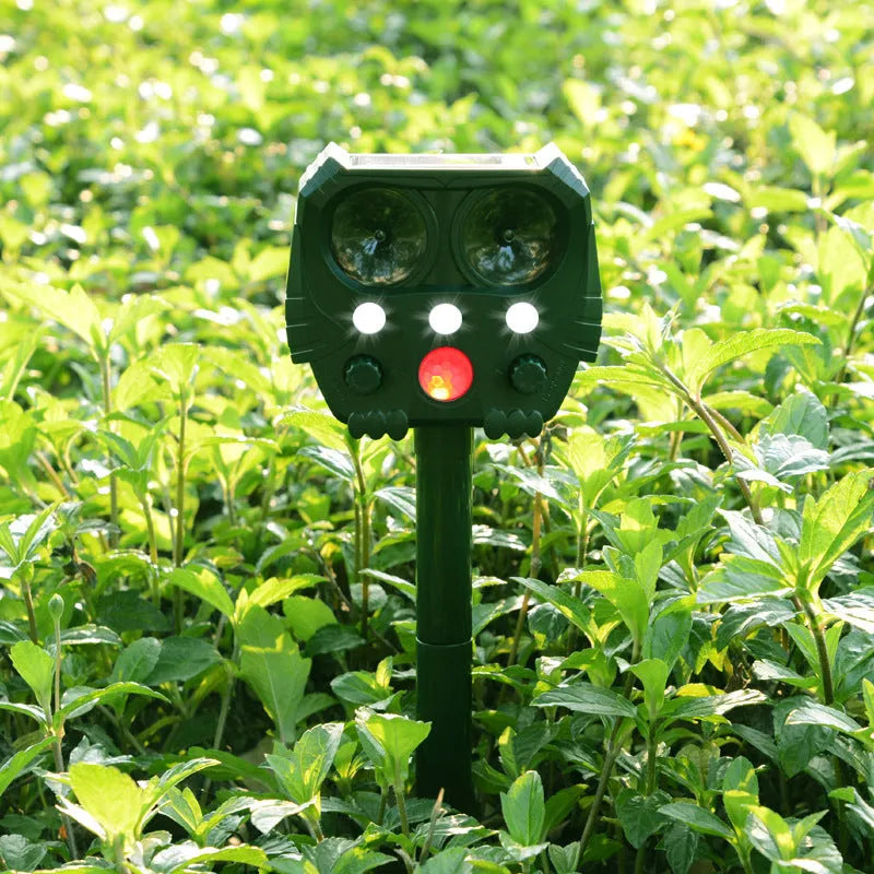 Green solar-powered ultrasonic animal repeller unit for outdoor pest control.