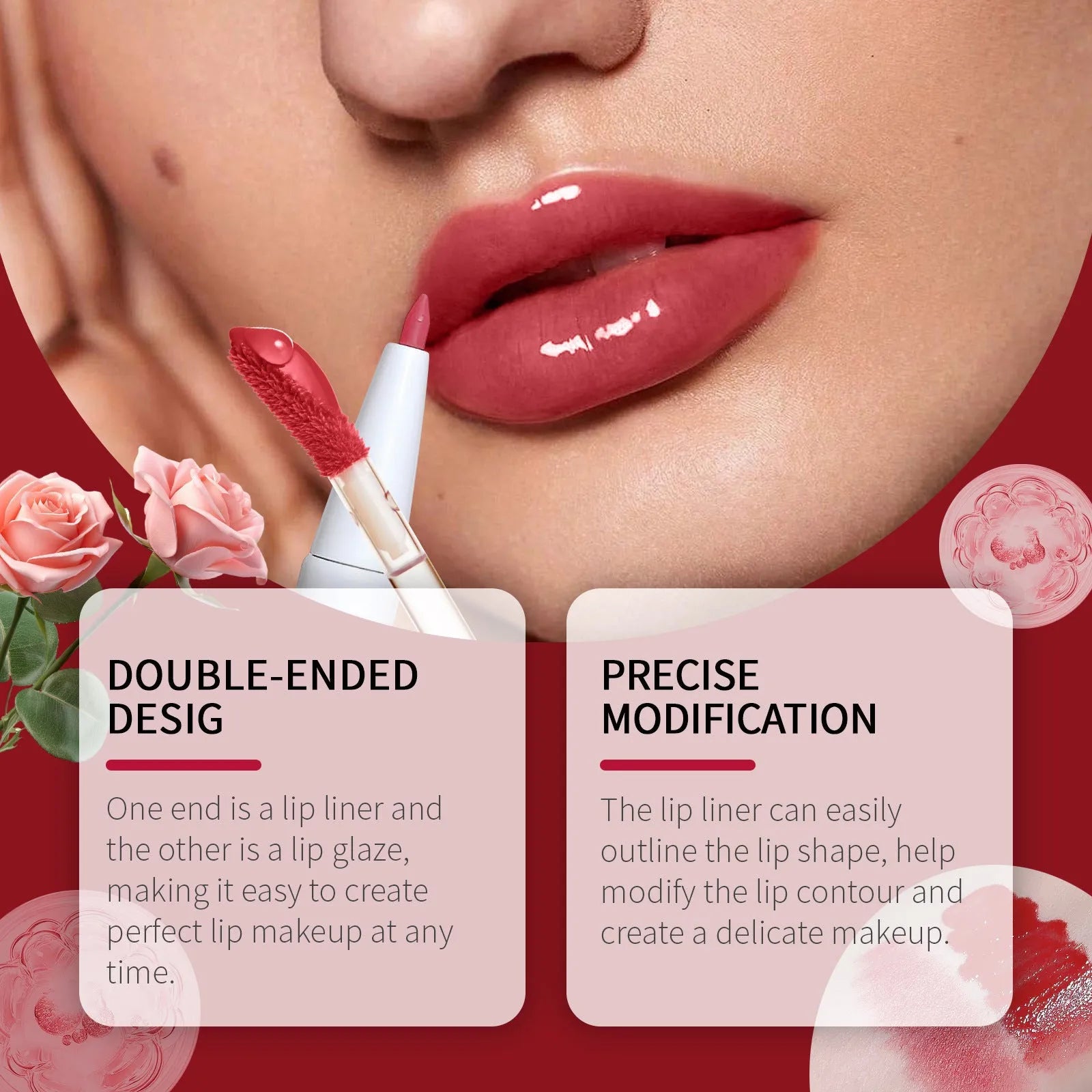 Double-headed lip liner and lip lacquer pen in Black Coffee Truffle shade showing both applicator ends