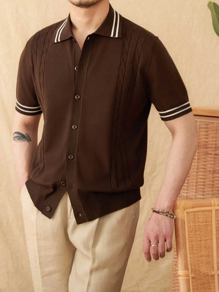Cotton blend short sleeve polo shirt with lapel collar in apricot colour