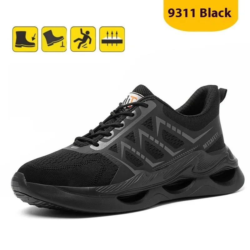 Black steel toe safety shoes with flat knit upper fabric and lace-up closure