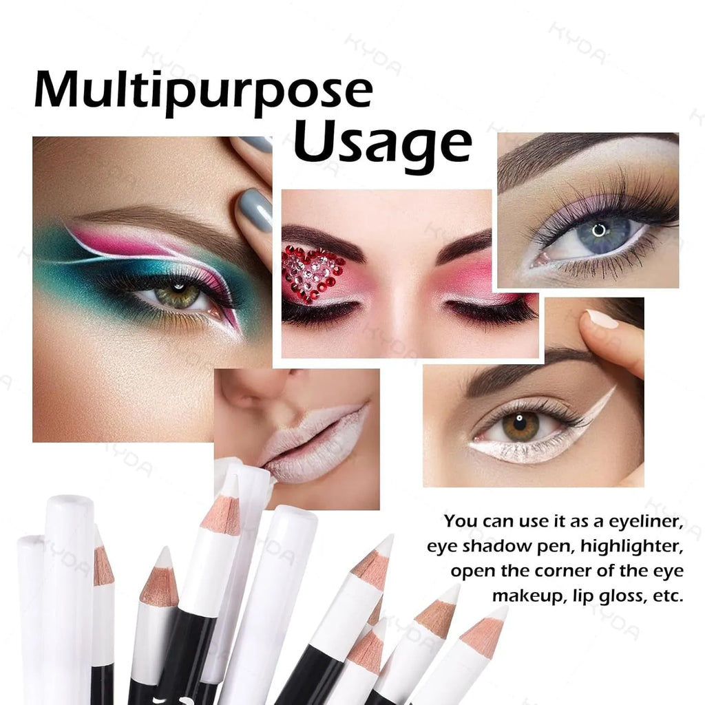 12-piece black and white waterproof eyeliner pencil set with sharpener for eyebrows, eyeshadow, and lips