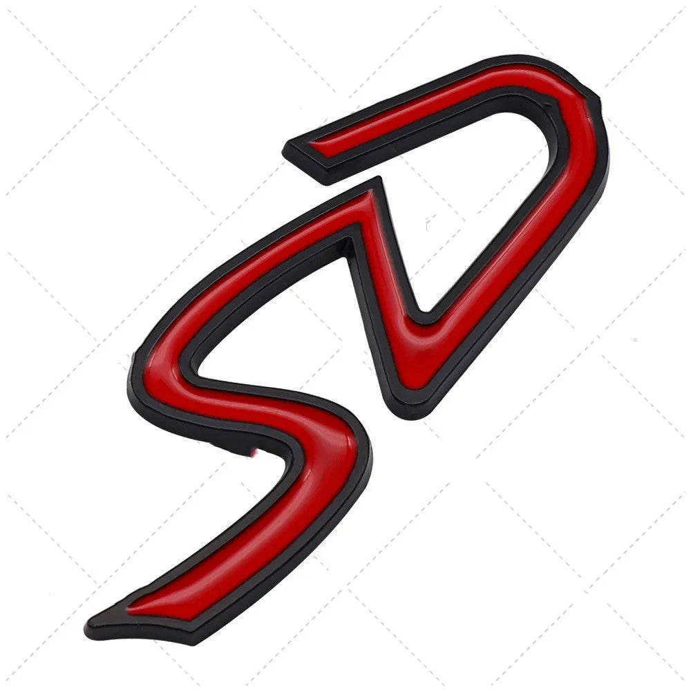 Metal car bumper sticker showing SD geometric pattern in red and silver colours.