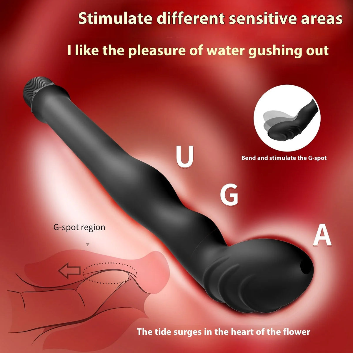 Black silicone hosepipe flusher with enema attachment for drain cleaning