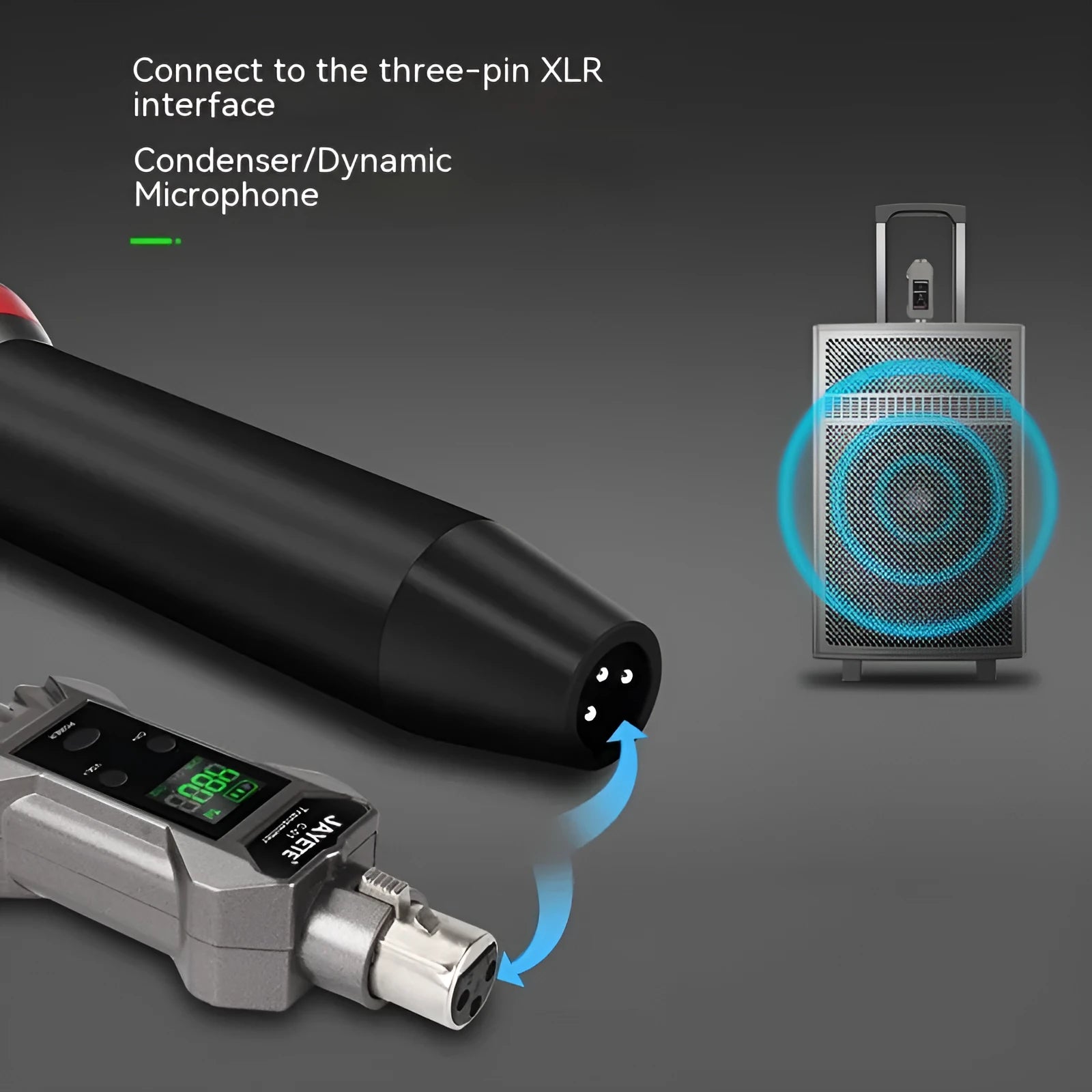 Wireless microphone converter set with transmitter, receiver, and converter head for moving coil and condenser mics, 15x15x5cm
