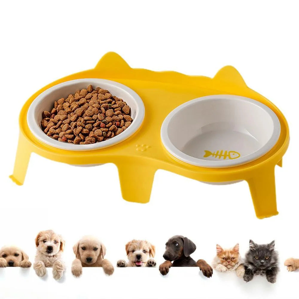 Ceramic cat bowl set with elevated tilted feeding stand in blue, pink, white, and yellow colour options