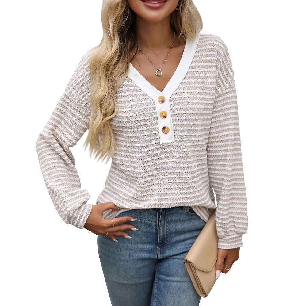 Women's V-neck button-front pullover top with patchwork design in loose-fitting street fashion style