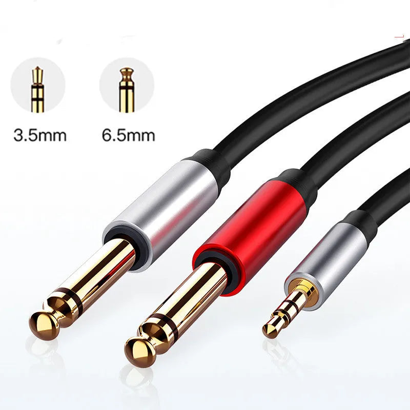 3.5mm to two 6.35mm male plug audio Y-cable in black with gold-plated connectors.