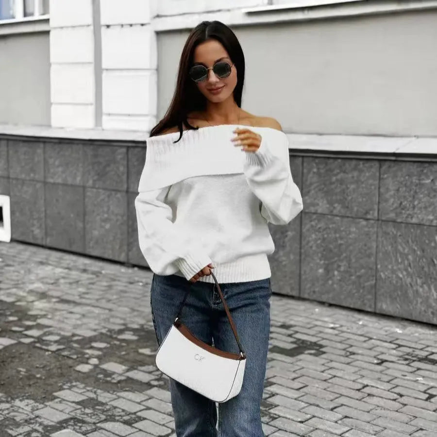 Grey strapless off-the-shoulder sweater with 3D pattern effect and regular sleeves