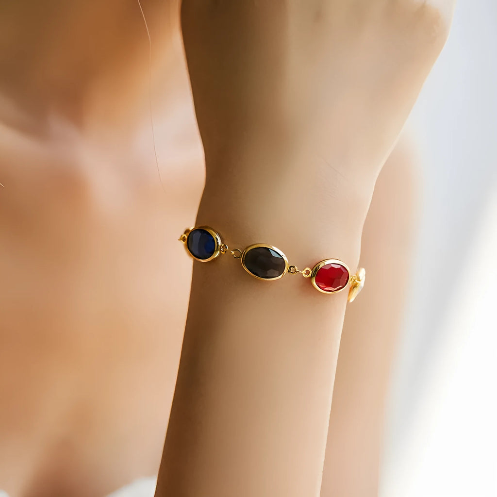 Women's geometric ellipse bracelet with glass inlay embroidery on 18K copper in blue colour option