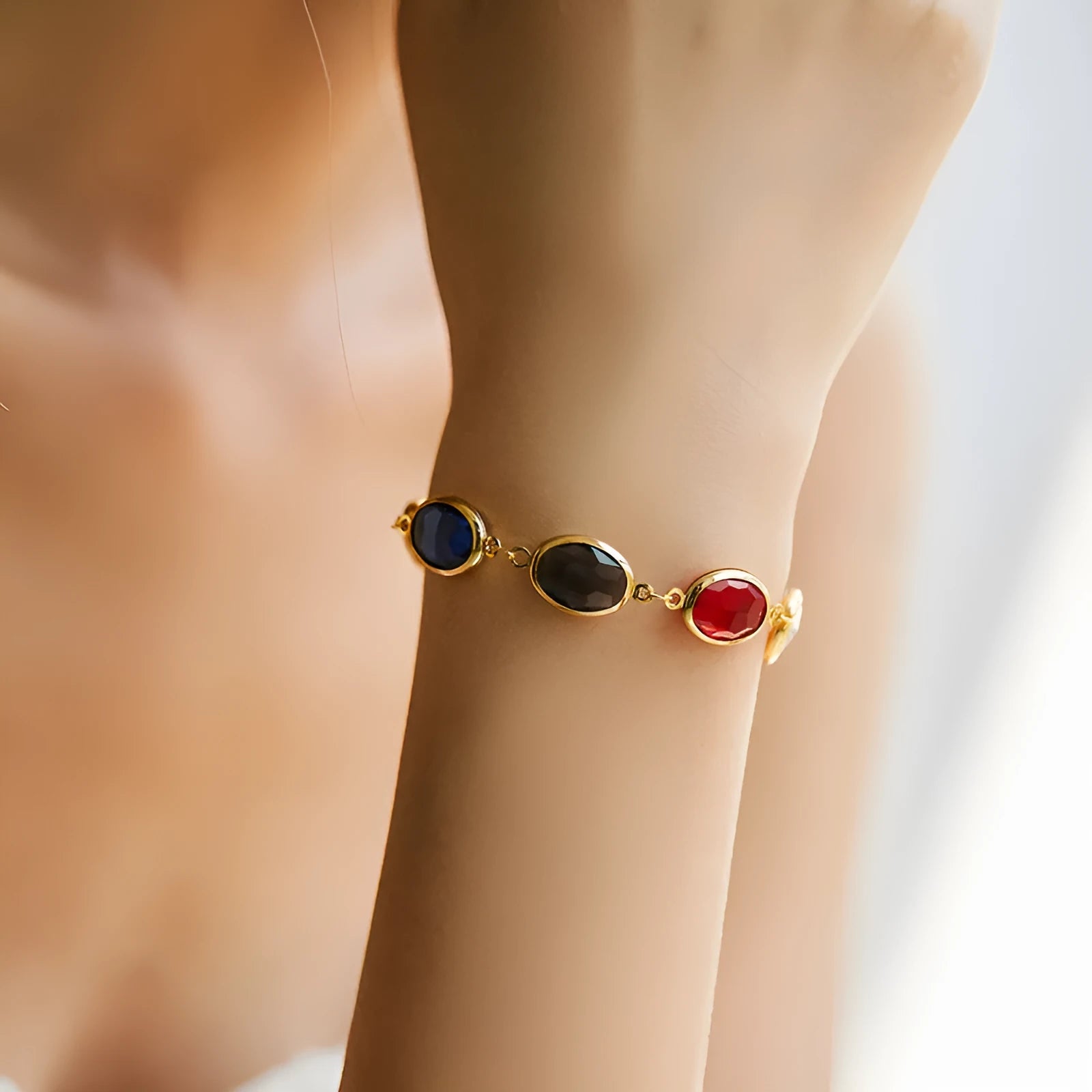 Women's geometric ellipse bracelet with glass inlay embroidery on 18K copper in blue colour option