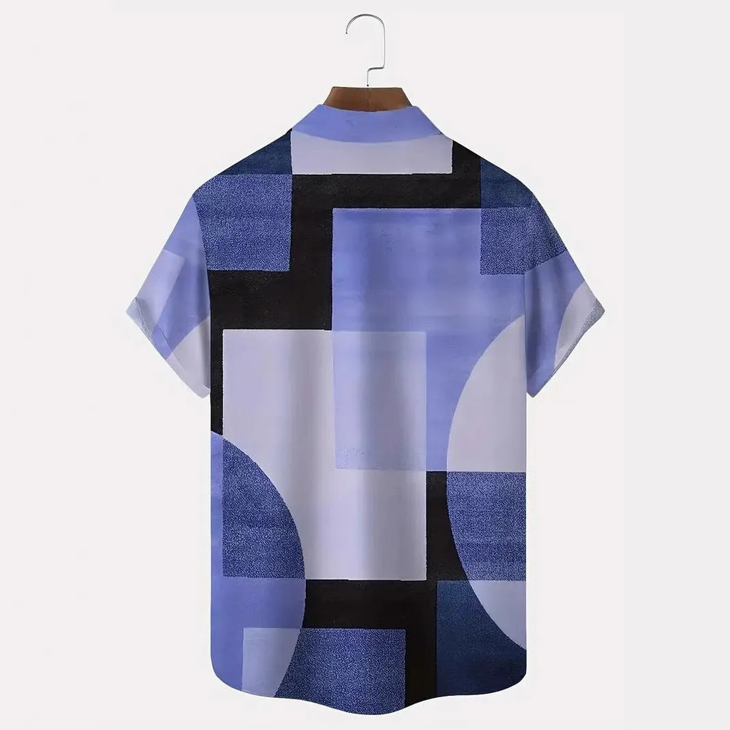 Classic retro men's shirt with geometric contrast colour block and square 3D printed pattern, loose cardigan fit, short sleeves