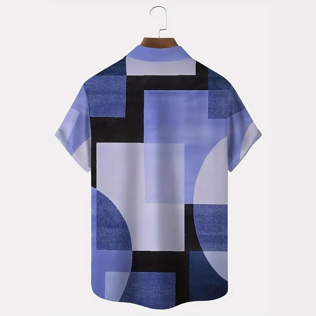 Classic retro men's shirt with geometric contrast colour block and square 3D printed pattern, loose cardigan fit, short sleeves