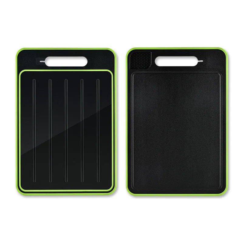 Grey square aluminium double-side cutting board with defrosting function and knife sharpener