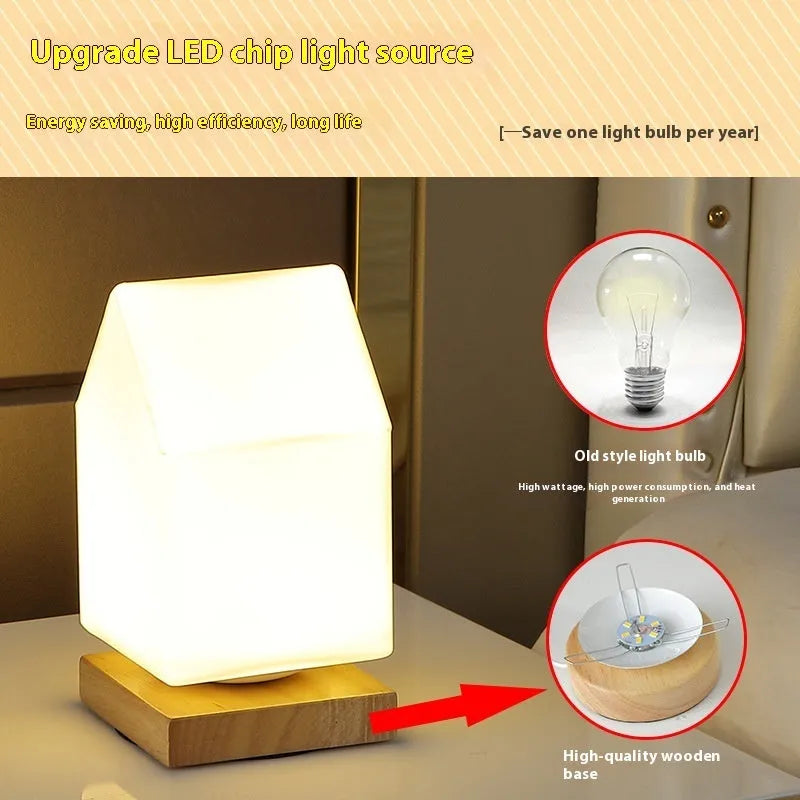 Nordic solid wood USB table lamp with white flower-shaped light and touch controls