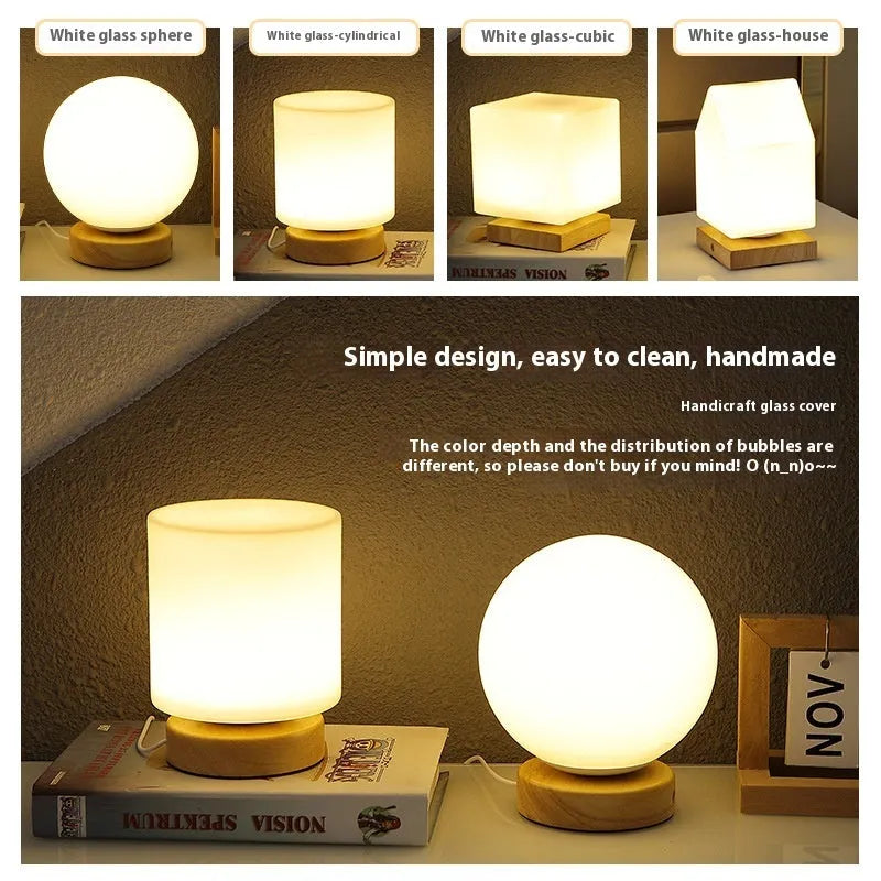 Nordic solid wood USB table lamp with white flower-shaped light and touch controls
