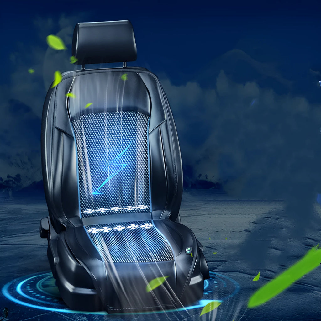 Black ventilated car seat cushion with multiple cooling fans, connected to a 12V car plug.