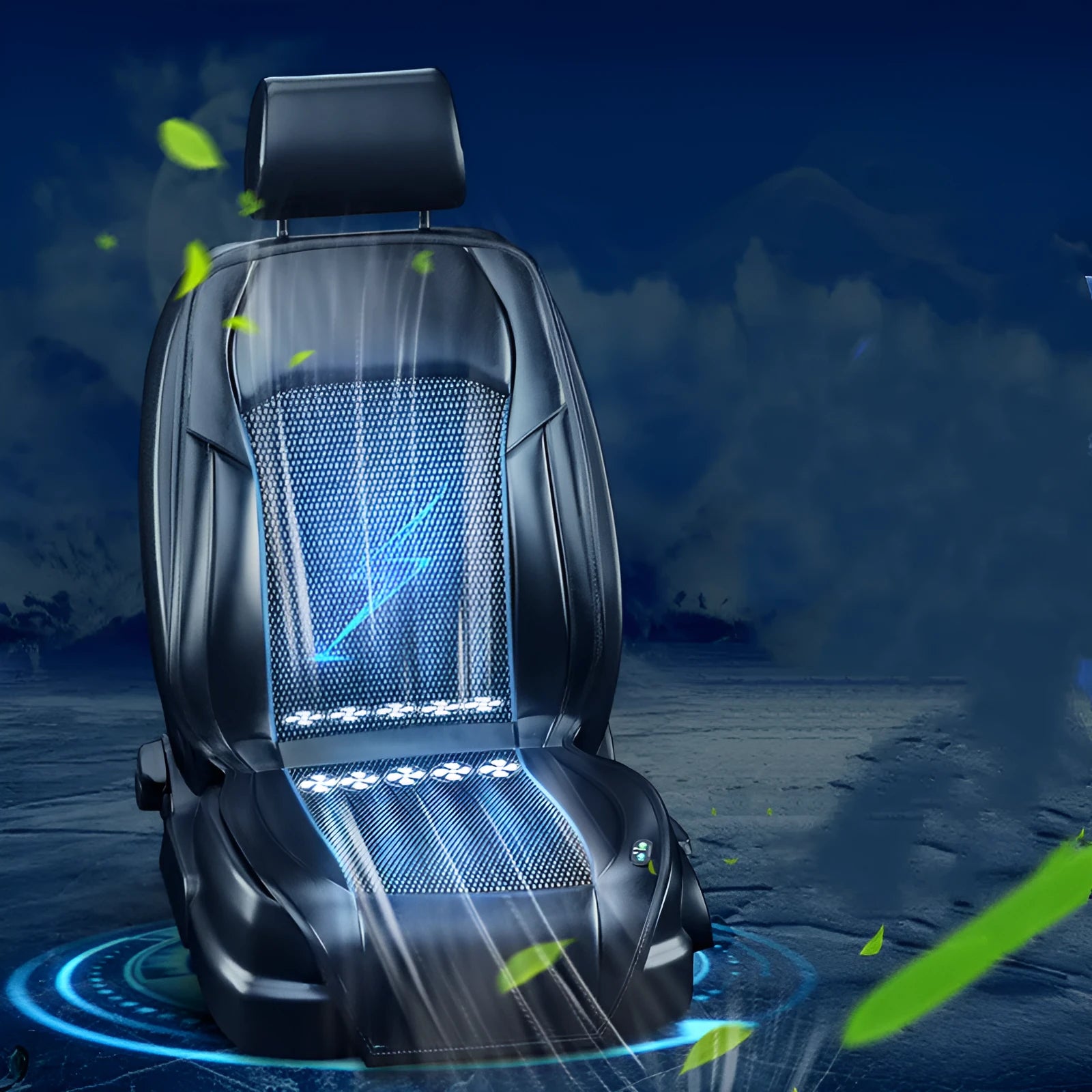 Black ventilated car seat cushion with multiple cooling fans, connected to a 12V car plug.