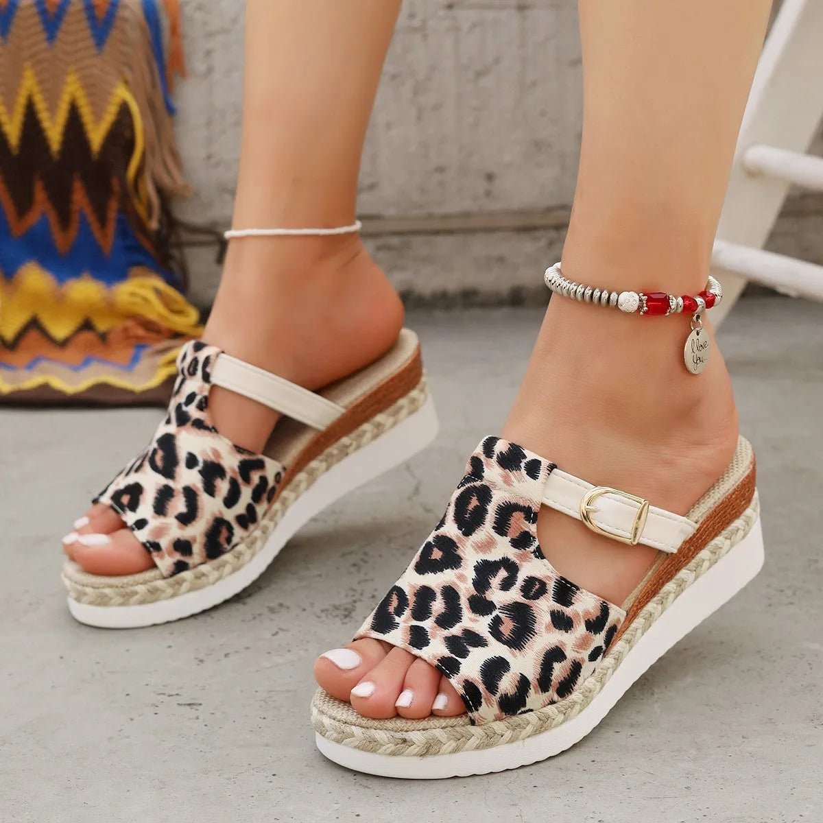 Leopard print women's wedge platform sandals with fish mouth toe in beige, light green, and yellow.