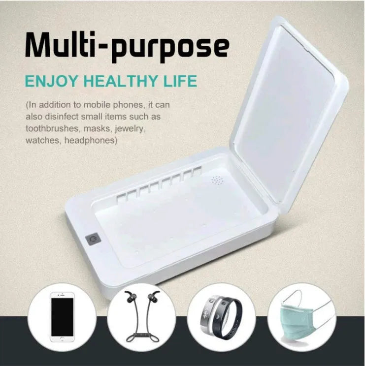 UV phone sterilizer box with purple light, for sanitising mobile phones and masks