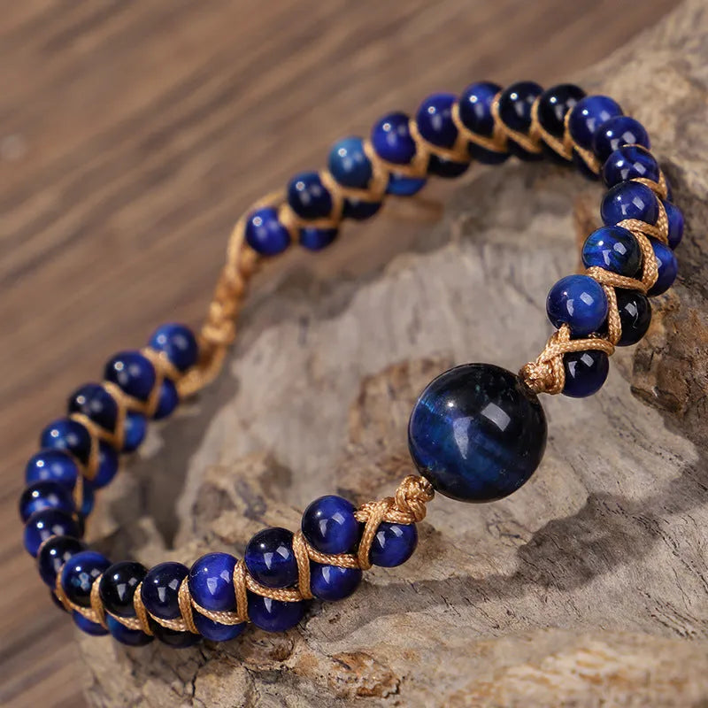 Handmade woven geometric pull bracelet with stone beads and elastic closure