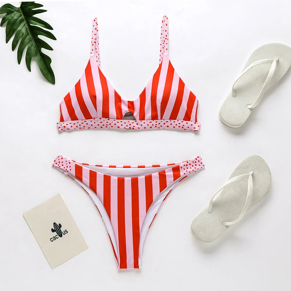 Women's bikini swimsuit in black and white polka dot or red and white stripe pattern.